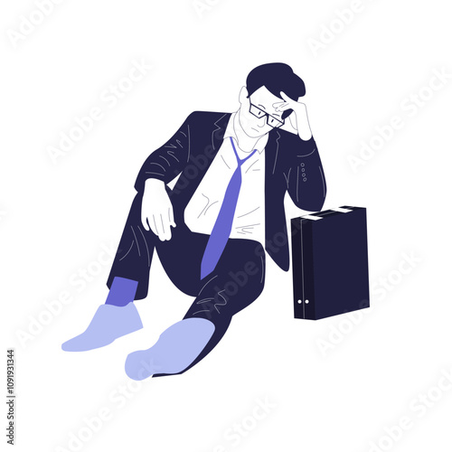 Fired dismissed sad office worker leaving with box after job loss. Man employee quitting. Unemployed jobless person. Layoff, dismissal concept. Flat vector illustration isolated on white background
