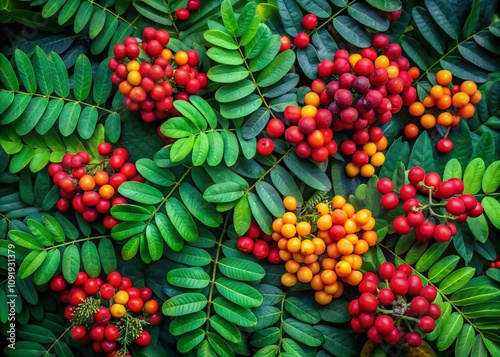 Aerial Photography of Poets Cassia Osyris Alba Berries in Lush Greenery, Highlighting Their Vibrant Colors and Natural Habitat for Nature Lovers and Botanists photo