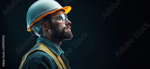 Wallpaper Mural Construction worker profile, wearing hard hat and safety glasses, focused expression, dark background, professional attire Torontodigital.ca