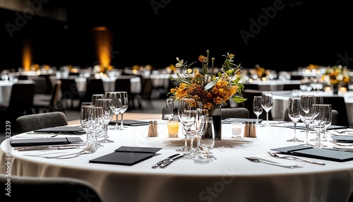Hotel business service concept . Elegant dining setup with floral centerpiece.