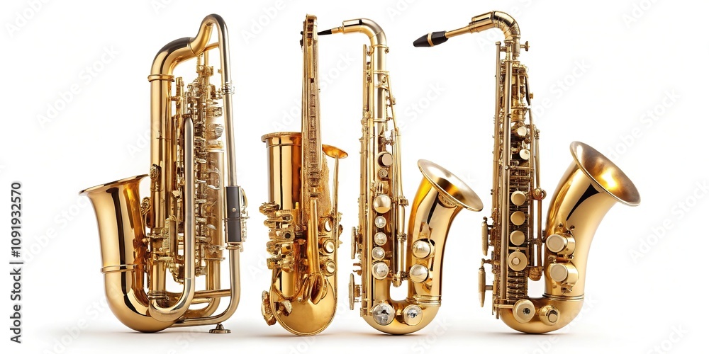 Fototapeta premium Wind instruments saxophones Alto tenor baritone isolated against white background