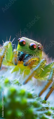 Close-up of a vibrant green spider. photo