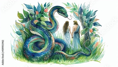 The Serpent in the Garden, The serpent slithering through the grass, watching Adam and eve in watercolor illustration black and white illustration, photo