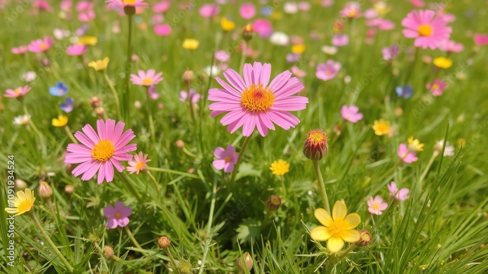 Brightly colored wild flower blooming among lush green grass on a vibrant flower meadow in spring, landscape, growth Brightly colored wild flower blooming among lush green grass on a vibrant flower meadow in spring, landscape, growth