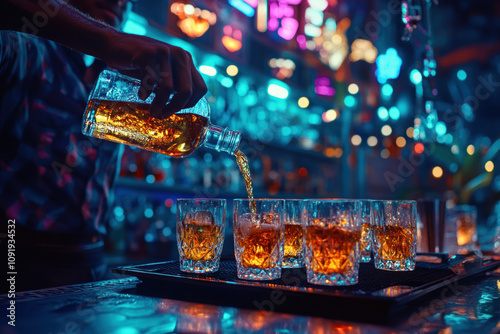 Bartender smoothly pours whiskey into glasses, hands deftly at work, with a warmly lit bar backdrop creating a cozy atmosphere. photo