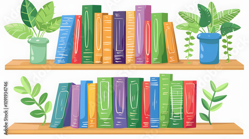 children's books lie on a bookshelf. banner with a white accent, png photo