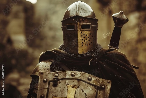 A medieval knight clad in worn armor holds a shield and sword, standing resolutely within a stone castle, illuminated by the fading afternoon light. photo