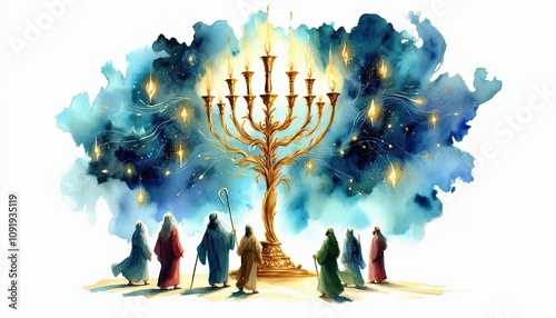 Zechariah Vision of the Lampstand, Zechariah seeing a golden lampstand with seven lamps, symbolizing Gods presence in watercolor illustration black and white illustration, photo