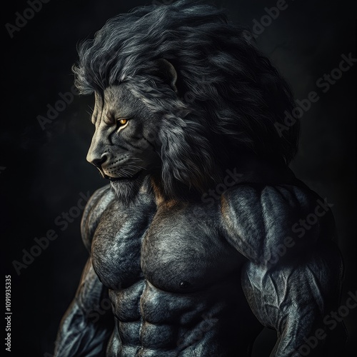 Muscular Anthropomorphic Lion with Fierce Expression 