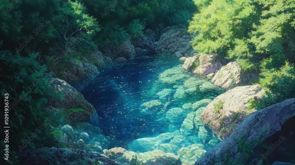 Obraz premium Anime-Style River Scene: Lush Greenery and Crystal Clear Waters