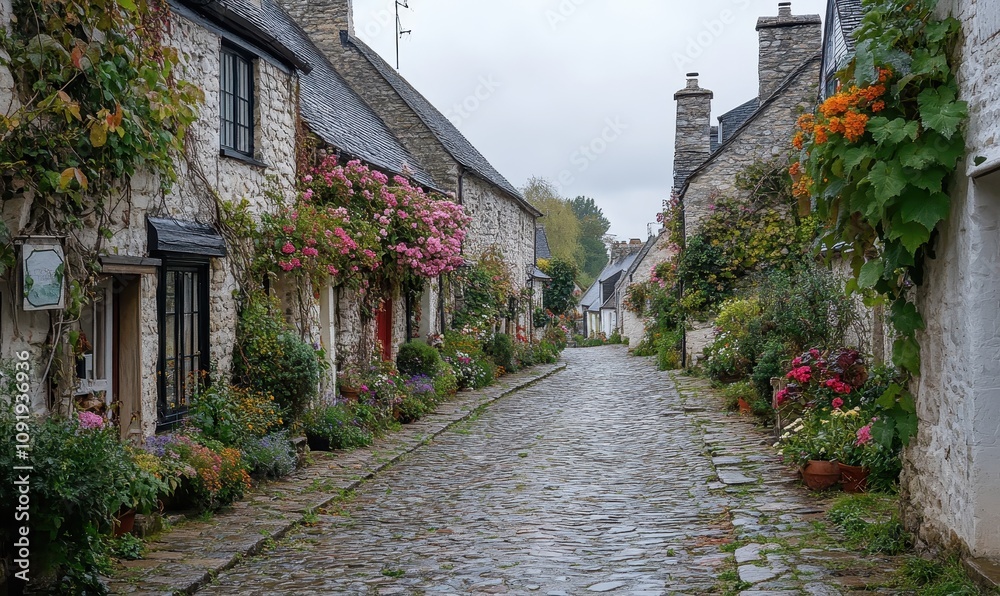 Fototapeta premium A cobblestone path lined with quaint, flower-adorned cottages in a peaceful village, under a soft, cloudy sky. Concept: countryside charm, simplicity.