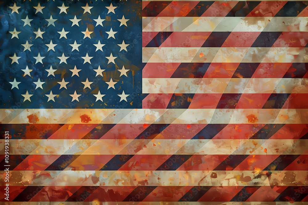 Fototapeta premium An artistic interpretation of the American flag with a textured, weathered look, showcasing rich colors and star patterns.