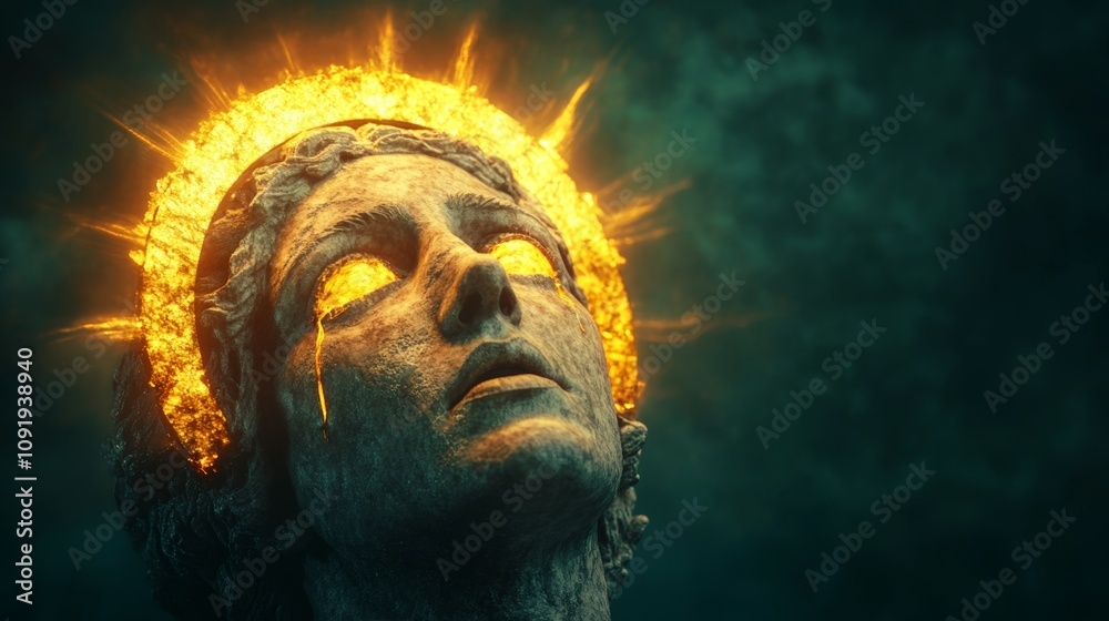 Golden halo around a serene statue's face. Golden halo around a serene statue's face.