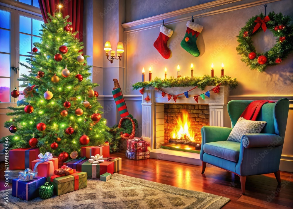Obraz premium Cozy Christmas Living Room with Stockings, Decorated Fireplace, and Beautiful Tree - Perfect for Holiday Decor Inspiration and Family Gatherings