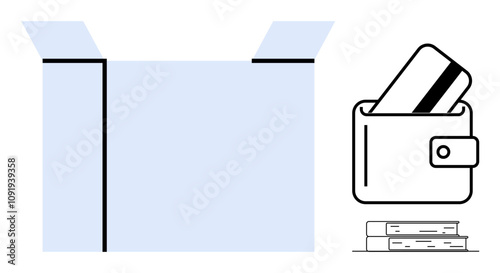 Open box, wallet with credit card, and books. Ideal for shopping, e-commerce, delivery services, financial transactions, education packaging online payments. Line metaphor