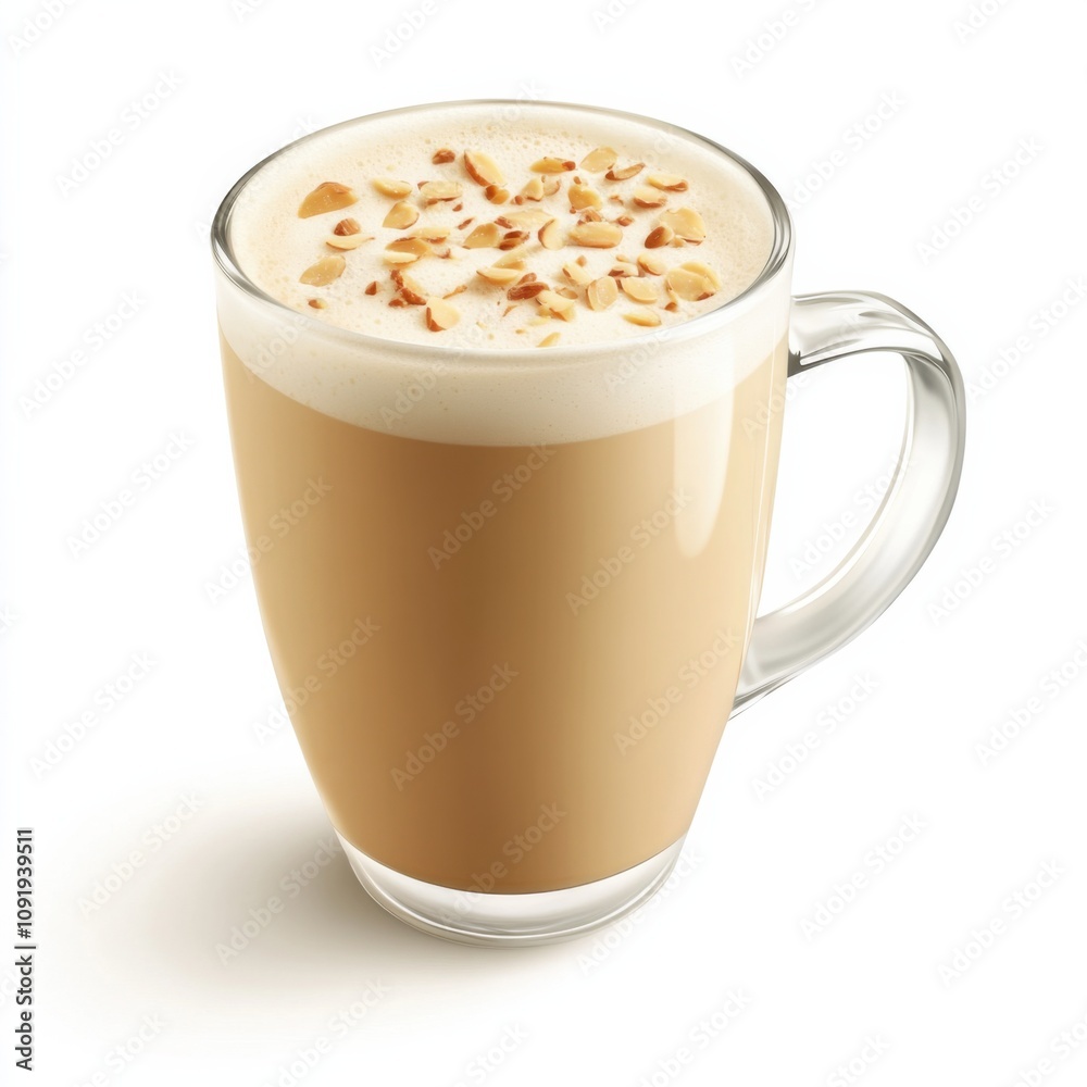 Obraz premium A creamy almond milk latte with a light frothy top and a sprinkle of almond flakes, isolated white background, realism art style