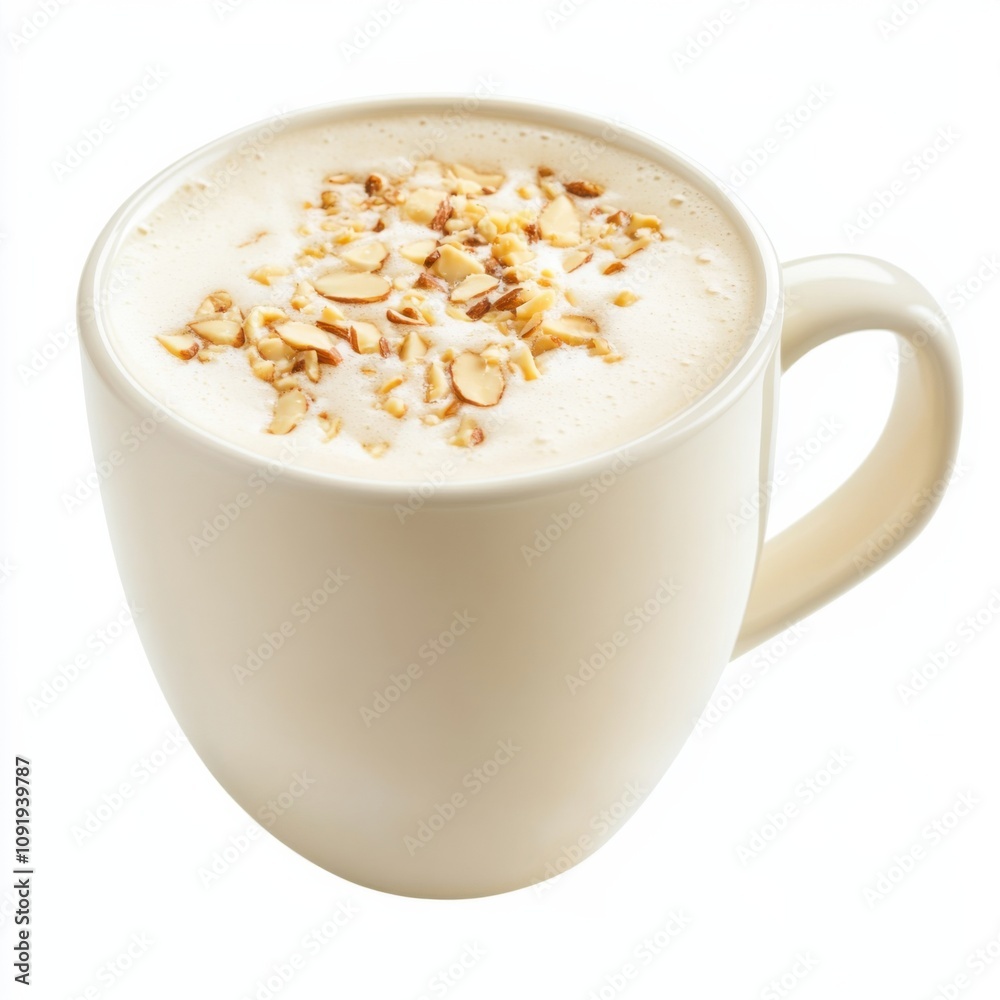 A creamy almond milk latte with a light frothy top and a sprinkle of almond flakes, isolated white background, realism art style A creamy almond milk latte with a light frothy top and a sprinkle of almond flakes, isolated white background, realism art style