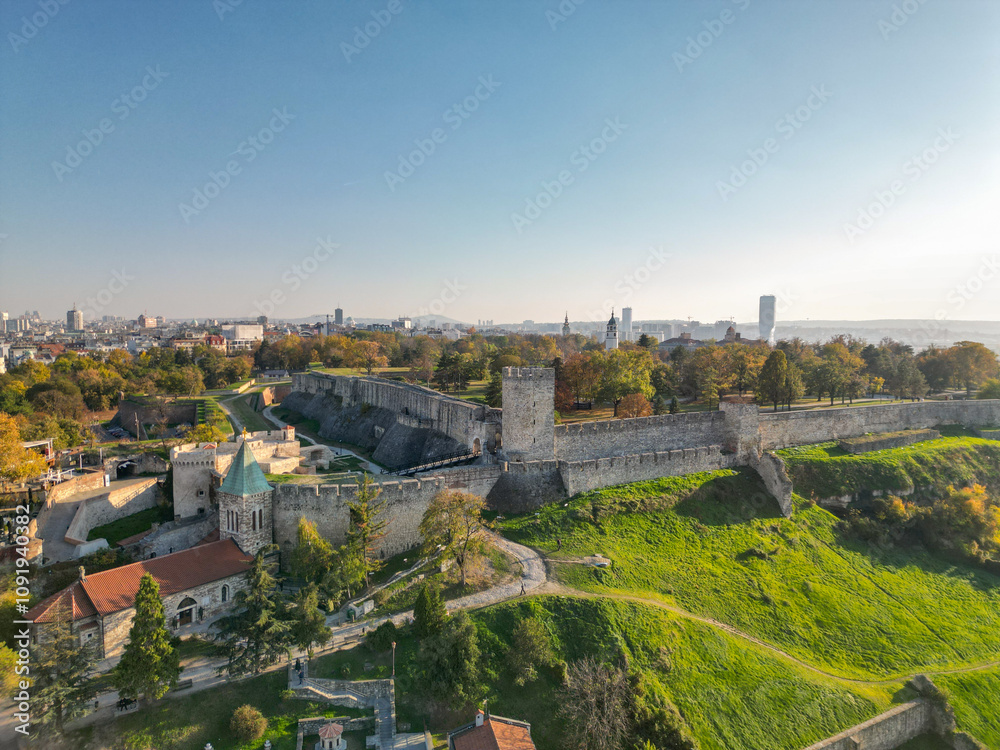 Fototapeta premium Belgrade Fortress panorama, Serbia - drone aerial view,
