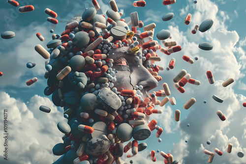 A surreal composition featuring a human face intricately formed from colorful pills and capsules, set against a dreamy sky filled with clouds.