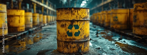 Hazardous storage: depot containing yellow barrels filled with radioactive, harmful waste, ensuring proper containment of dangerous materials to prevent environmental contamination, health risks.