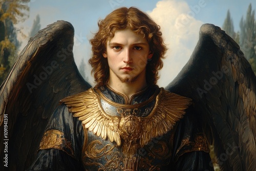 Heavenly protector: Archangel Michael portrayed in celestial glory, showcasing powerful imagery and divine aura, symbolizing bravery and guidance . photo