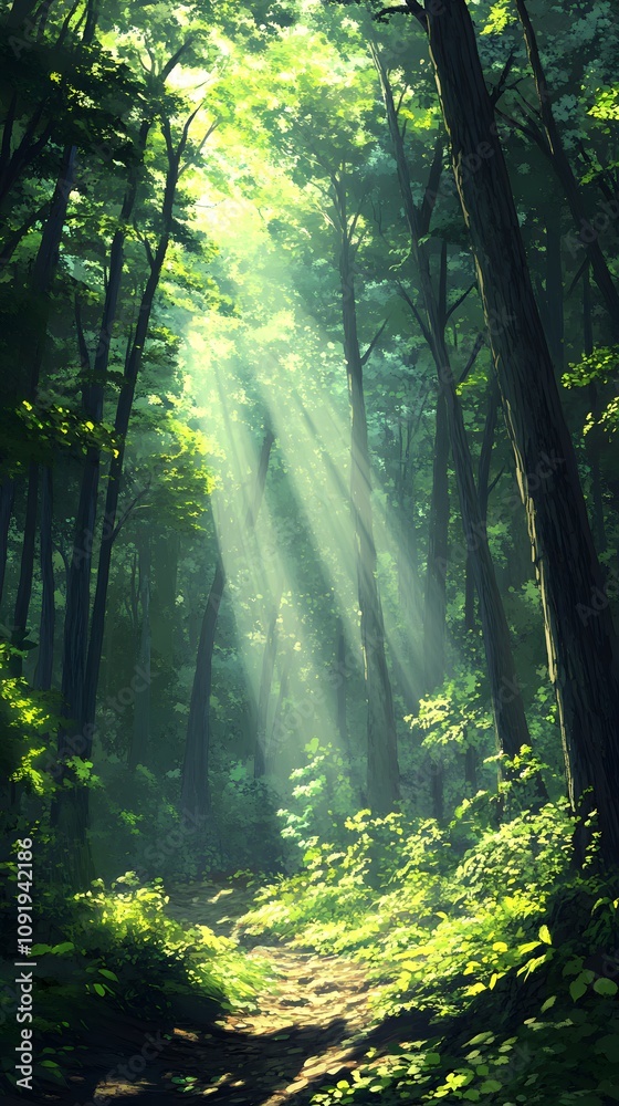 Fototapeta premium A serene forest scene with sunlight filtering through tall trees.