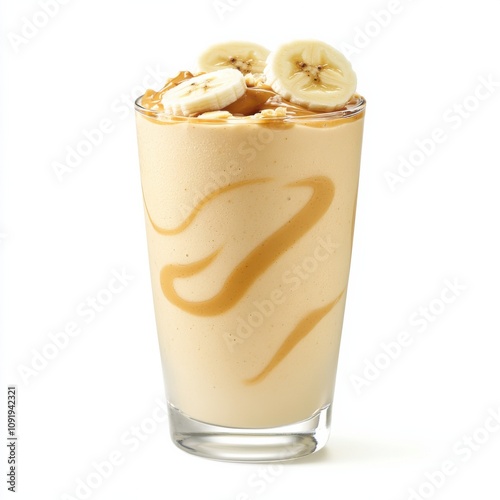 A creamy banana almond smoothie with banana slices and almond butter swirls in a clear glass, isolated white background, surrealism art style