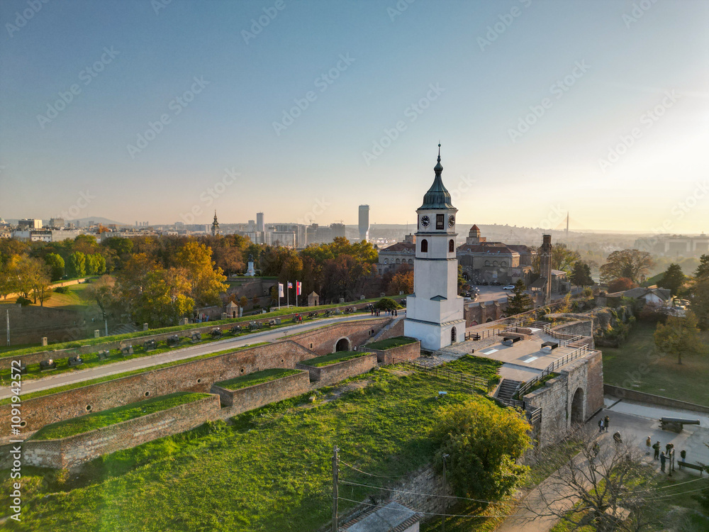 Clock Tower in Belgrade Fortress - aerial view from drone, Serbia Clock Tower in Belgrade Fortress - aerial view from drone, Serbia