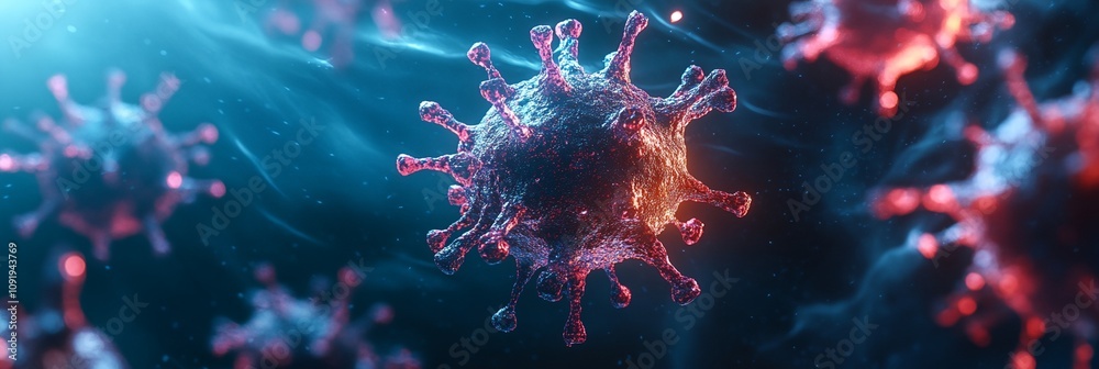 A close up of a virus with a red and blue color scheme A close up of a virus with a red and blue color scheme