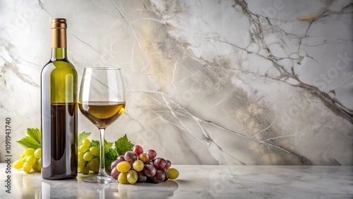 Wine bottle and glass with grapes on marble tabletop photo