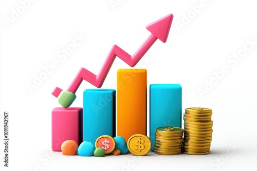 Colorful Bar Chart with Coins and Growth Arrow