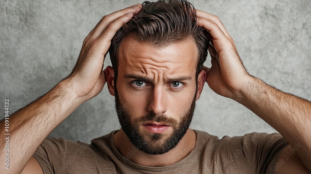 A Man Holding His Head with Both Hands, Expressing Stress and Concern in a Close-Up Portrait Against a Textured Background, Capturing Intense Emotions A Man Holding His Head with Both Hands, Expressing Stress and Concern in a Close-Up Portrait Against a Textured Background, Capturing Intense Emotions
