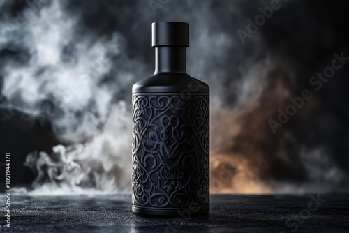 Bottle releasing black smoke on dark background.