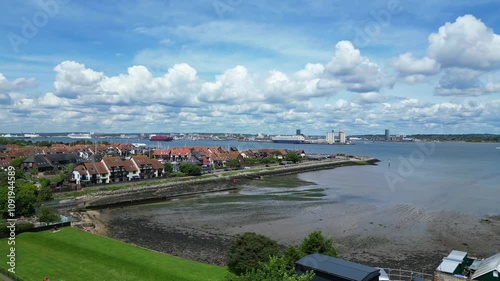 High Angle View of Hythe Town on Beach and Ocean in Kent, England Great Britain. Aerial Footage of Town Homes Was Captured with Drone's Camera During Hot Weather of May 17th, 2024