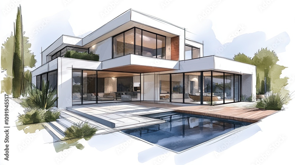 Fototapeta premium Modern Minimalist Architectural Sketch of an Elegant Two-Story House with Glass Facades and a Swimming Pool Surrounded by Lush Greenery
