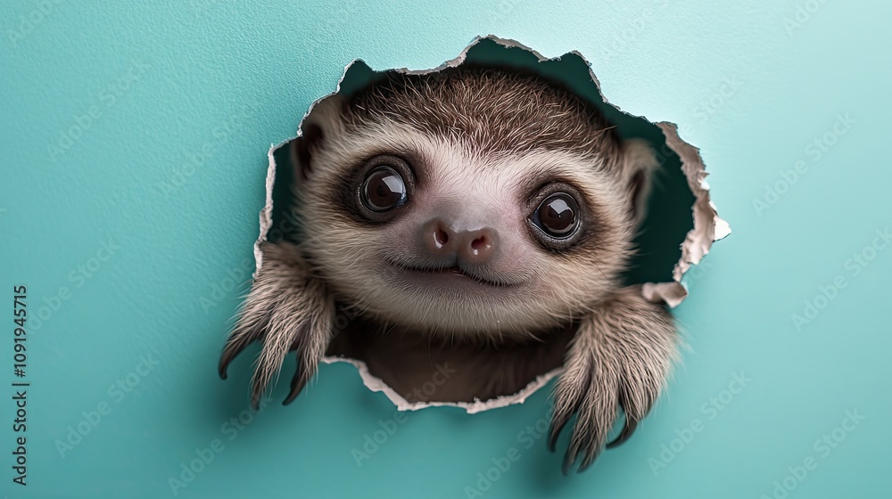 Naklejka premium Adorable Baby Animal Peeking Through a Hole in a Torn Wall, Capturing a Moment of Innocent Curiosity and Playfulness, Perfect for Illustrating Joyful Expressions in Stock Photography