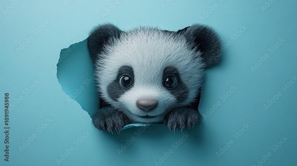 Cute 3D Render of a Baby Animal Peeking Through a Hole in a Bright Blue Background, Capturing a Playful and Adorable Expression Cute 3D Render of a Baby Animal Peeking Through a Hole in a Bright Blue Background, Capturing a Playful and Adorable Expression