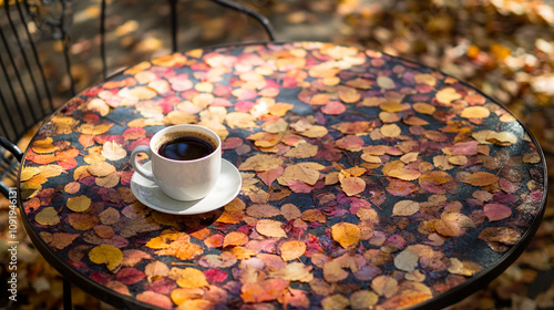 Enjoying coffee on a table adorned with autumn leaves in a peaceful outdoor setting photo