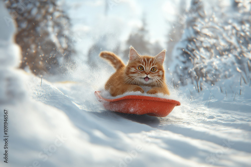 A cat exploring a frozen icy pond. A curious cat slides across a frozen pond, leaving adorable paw prints in the icy surface, creating a whimsical scene in the wintery outdoors. photo