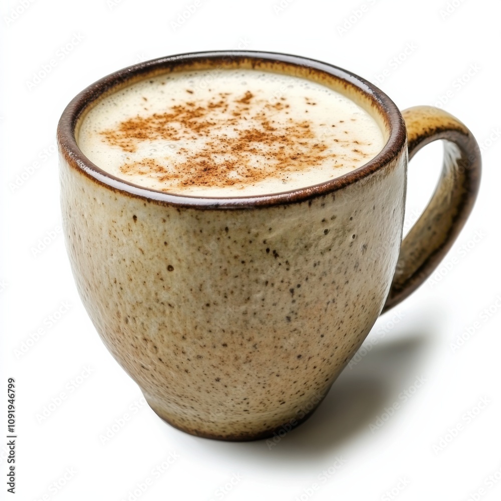 Obraz premium A creamy chai latte with a sprinkle of cinnamon on top, served in a rustic ceramic mug, isolated white background