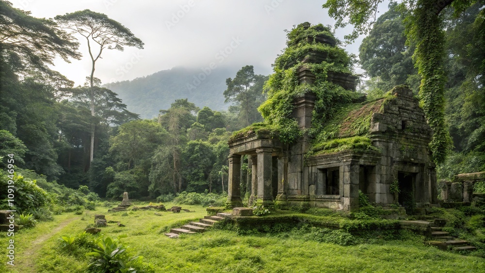 Abandoned ancient temple ruins covered in vines and moss in a tropical forest, moss, overgrown Abandoned ancient temple ruins covered in vines and moss in a tropical forest, moss, overgrown
