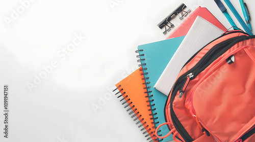 backpack with school supplies and books for study. back to school concept. flat lay, top view with a white accent, text area, png photo