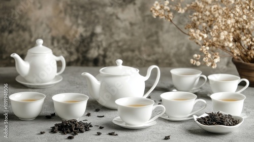 Wallpaper Mural A serene tea setup featuring a teapot, cups, and dried flowers on a textured surface. Torontodigital.ca
