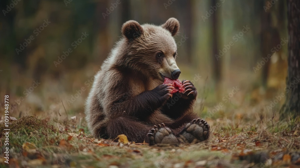 Fototapeta premium A young bear sitting on the ground, enjoying a piece of food in a forest setting.