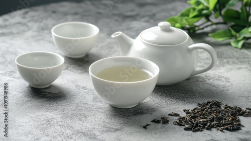 A serene tea setting with a teapot, cups, and loose tea leaves on a textured surface.