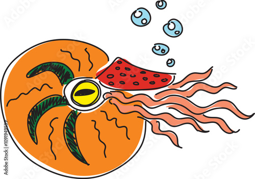 nautilus in orange shell with yellow eyes and pink tentacles, side view