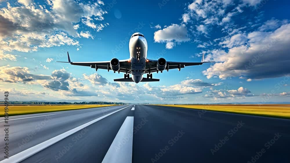Airplane take off, travel and tourism concept. Copy space Video