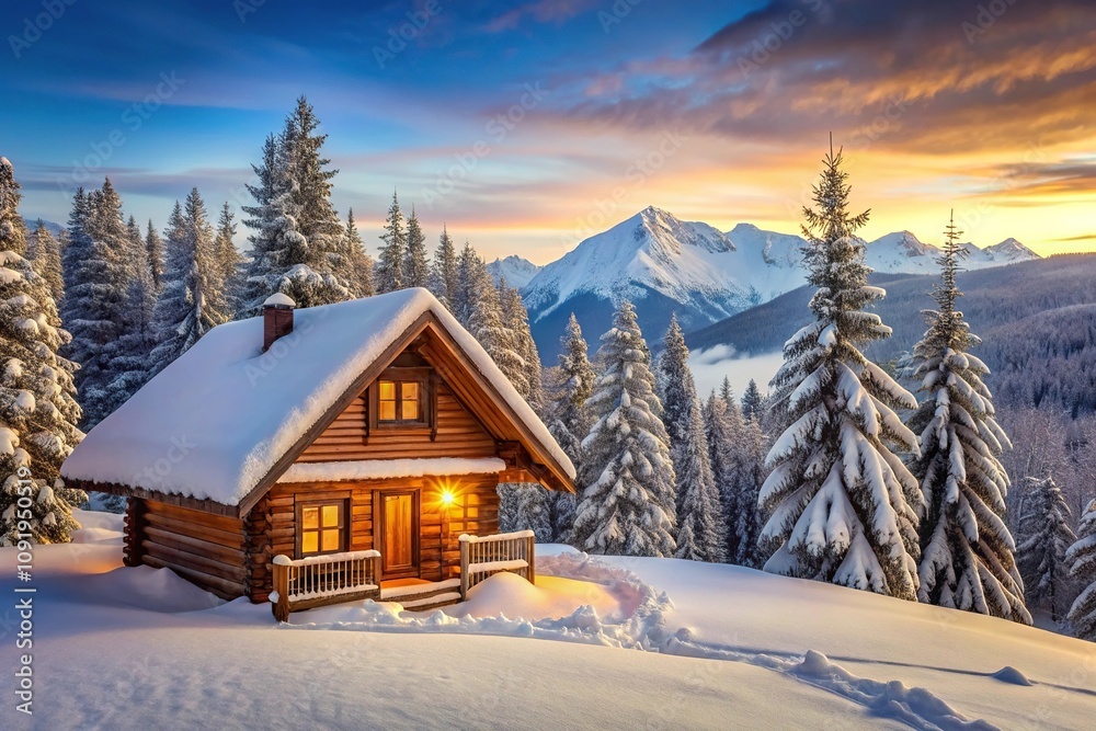 Winter cabin nestled in snow landscape with trees and mountains in the background Winter cabin nestled in snow landscape with trees and mountains in the background