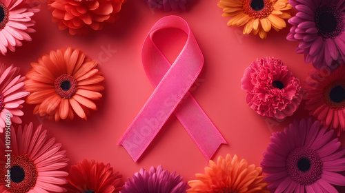 Vibrant mix of gerberdaisies and carnations surrounds pink ribbon on soft red background, symbolizing support for breast cancer awareness and community empowerment. photo