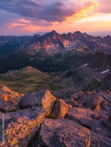 Sun sets behind majestic peaks, casting a warm glow over rugged terrain and valleys, highlighting nature's beauty and tranquility. Generative AI